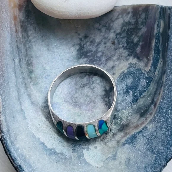 Vintage Multi-Color Stone 925 Sterling Silver Native American Size 6.5 Ring - Picture 3 of 3